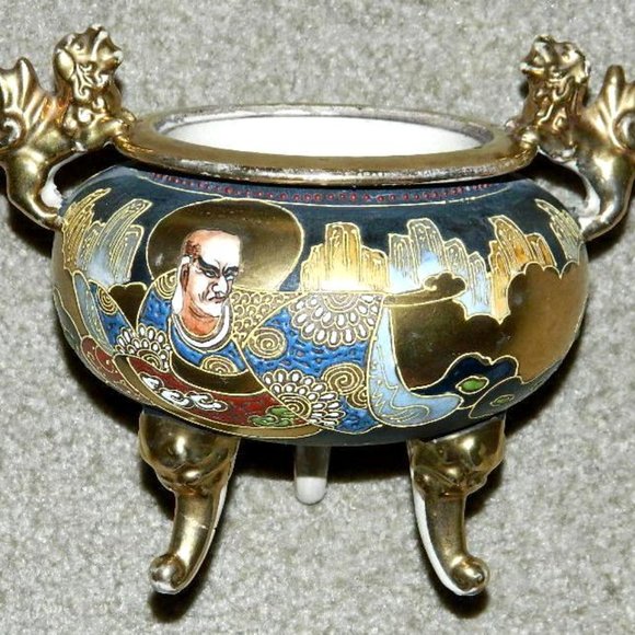 Antique Incense Burner Japan Satsuma Moriage Earthenware Foo Dog Hand Painted - Picture 15 of 16